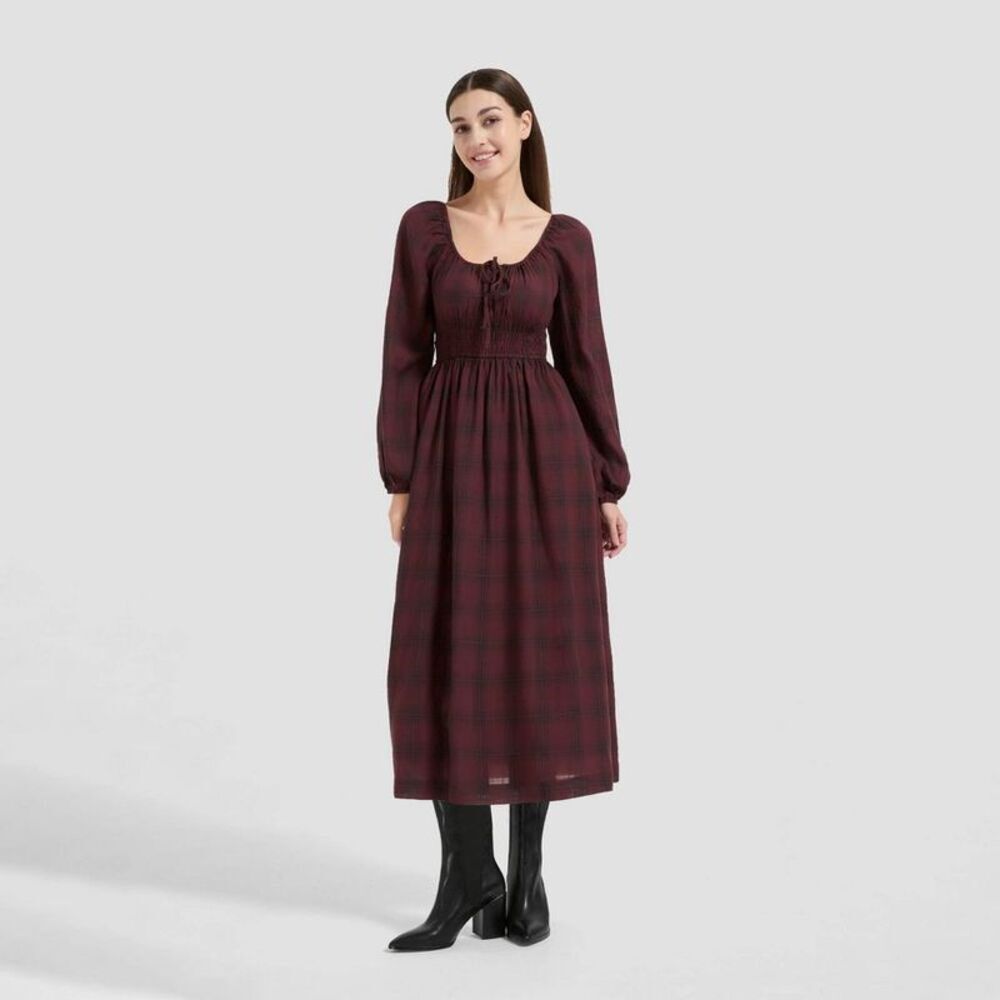 Women's Long Sleeve Midi A-Line Dress - Universal Thread Rosewood Brown Plaid XS - Picture 1 of 4